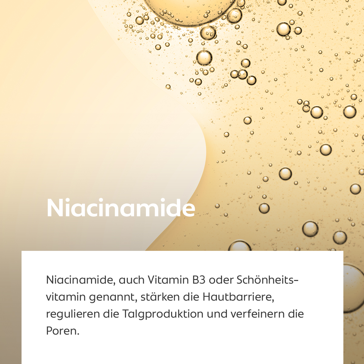 Goldene Öltröpfchen auf hellem Hintergrund, Symbol für Hautbarriere-Stärkung und Porenverfeinerung